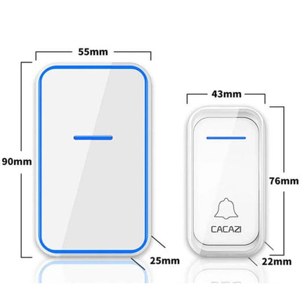 CACAZI Wireless Doorbell with Remote Control for Home Use - white receiver and waterproof transmitter with dimensions (90x55x25mm receiver, 76x43x22mm transmitter)