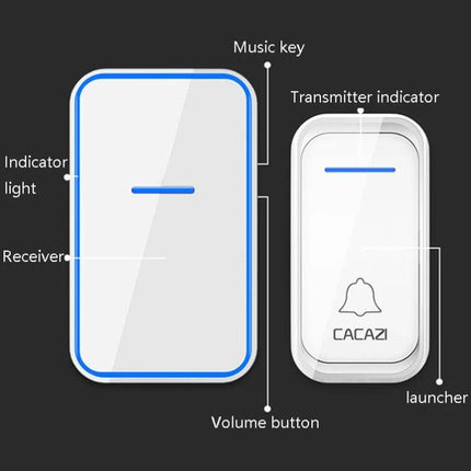 CACAZI Wireless Doorbell with Remote Control for Home Use - white receiver and waterproof transmitter showing music key, volume button and indicator light