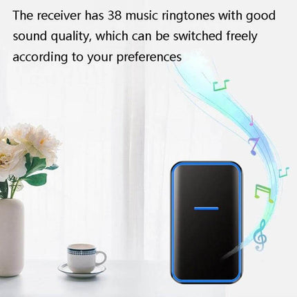 CACAZI Wireless Doorbell with Remote Control for Home Use - sleek black receiver with blue LED, 38 ringtones and long-range waterproof transmitter