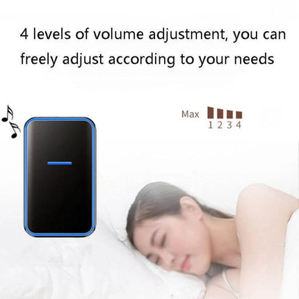 CACAZI Wireless Doorbell with Remote Control for Home Use showing black waterproof transmitter, 4-volume levels and sleeping person to illustrate quiet setting