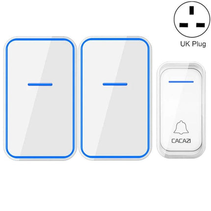 CACAZI Wireless Doorbell with Remote Control for Home Use showing two white plug-in chimes and waterproof transmitter with UK plug