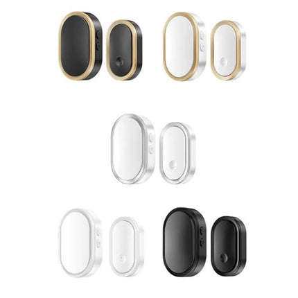CACAZI Wireless Smart Remote Control Doorbell for Elderly compact receiver and button in black and white with gold trim, long-range alert solution