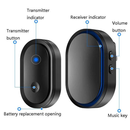CACAZI Wireless Smart Remote Control Doorbell for Elderly - black transmitter and receiver with indicators, volume and music buttons, battery opening