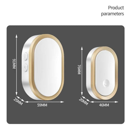 CACAZI Wireless Smart Remote Control Doorbell for Elderly showing two white and gold doorbell units with dimensions labeled