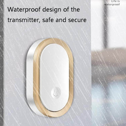 CACAZI Wireless Smart Remote Control Doorbell for Elderly showing waterproof transmitter mounted on wall in rain