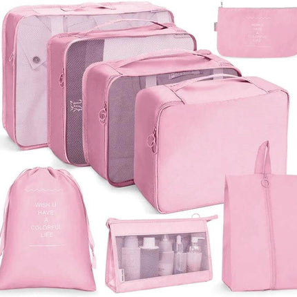 Travel Storage Bag Set Foldable For Luggage Organization Pink 10-Piece Packing Cubes With Mesh Panels And Toiletry Pouch