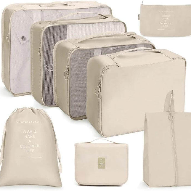 Travel Storage Bag Set Folding Organizer For Toiletries And Cosmetics – beige 7-piece travel packing cubes and toiletry pouches, 290T durable fabric, double buckle closures