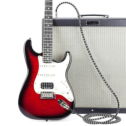 Guitar Connection Cable for Home Practice and Gigs connecting red electric guitar to amplifier for clear sound