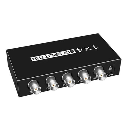 SDI Video Distribution Amplifier for Signal Splitting, 1 Input to 4 Outputs black 1x4 SDI splitter with BNC outputs for broadcast and live production