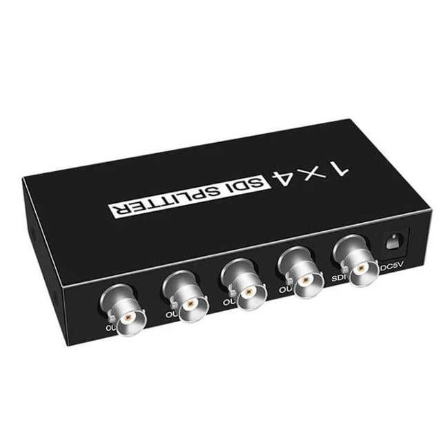 SDI Video Distribution Amplifier for Signal Splitting, 1 Input to 4 Outputs - compact 1x4 SDI splitter with four BNC outputs for broadcast and live events