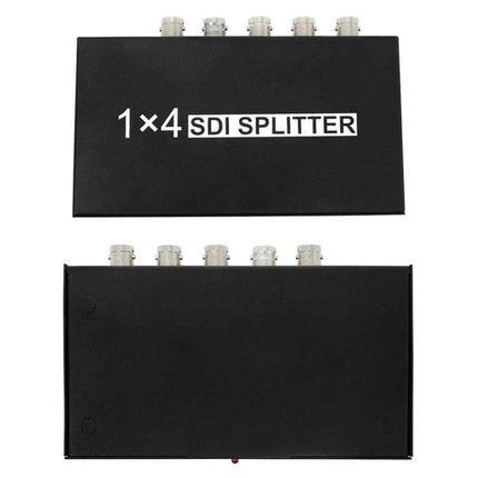 SDI Video Distribution Amplifier for Signal Splitting, 1 Input to 4 Outputs - black 1x4 SDI splitter box with BNC connectors
