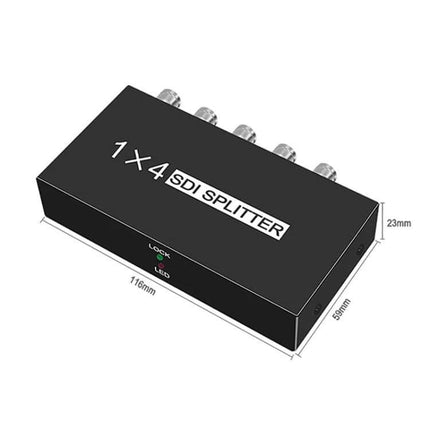 SDI Video Distribution Amplifier for Signal Splitting, 1 Input to 4 Outputs - compact 1x4 SDI splitter box with BNC outputs for broadcast and live production