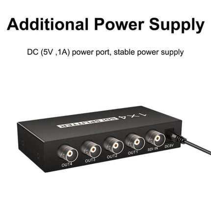 SDI Video Distribution Amplifier for Signal Splitting, 1 Input to 4 Outputs - black 1x4 SDI splitter with DC5V power port and four BNC outputs