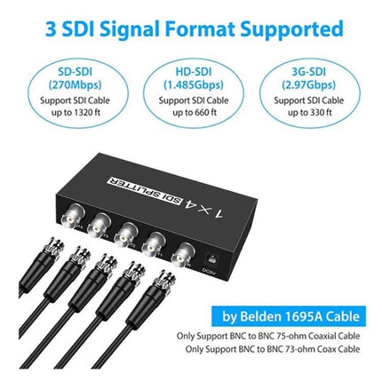 SDI Video Distribution Amplifier for Signal Splitting, 1 Input to 4 Outputs - 1x4 SDI splitter with BNC outputs, supports SD-SDI HD-SDI 3G-SDI