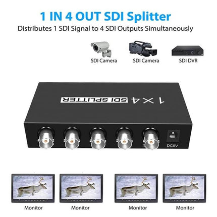 SDI Video Distribution Amplifier for Signal Splitting, 1 Input to 4 Outputs - black 1-in-4 SDI splitter box with BNC outputs and four monitor feeds