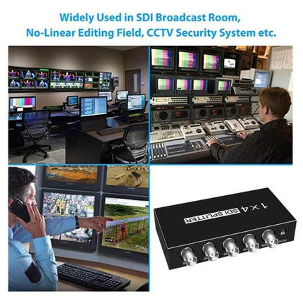 SDI Video Distribution Amplifier for Signal Splitting, 1 Input to 4 Outputs distributing SDI to multiple monitors in broadcast and CCTV setups