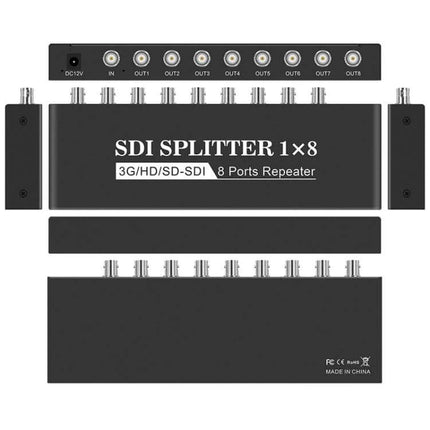 SDI Video Distribution Amplifier with 1 Input and 8 Outputs - 1x8 SDI splitter repeater for broadcast and studio signal distribution
