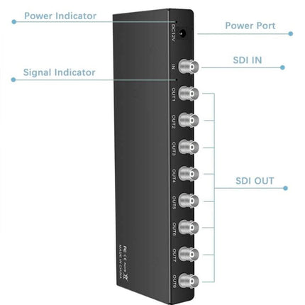 SDI Video Distribution Amplifier with 1 Input and 8 Outputs showing SDI IN, eight SDI OUT BNC connectors and power port