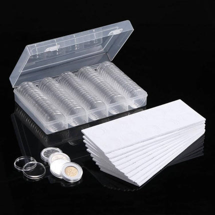 Coin Capsule Storage Box Set, 100 30mm Round Capsules, Transparent clear storage case with 100 30mm coin capsules and coin holders for display