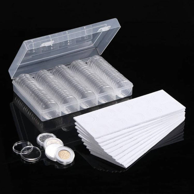 Coin Capsule Storage Box Set, 100 30mm Round Capsules, Transparent clear storage case with 100 30mm coin capsules and coin holders for display