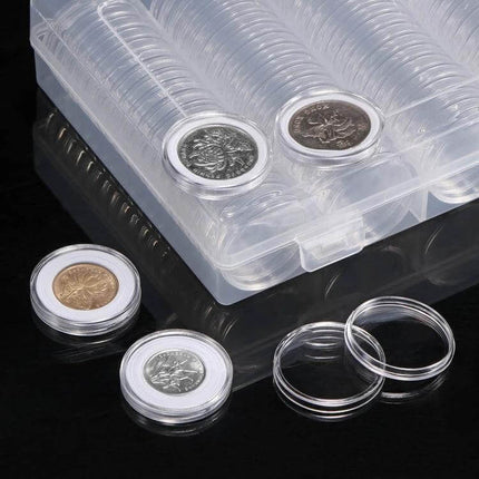 Coin Capsule Storage Box Set, 100 30mm Round Capsules, Transparent - clear case holding 100 round 30mm coin capsules for display and protection