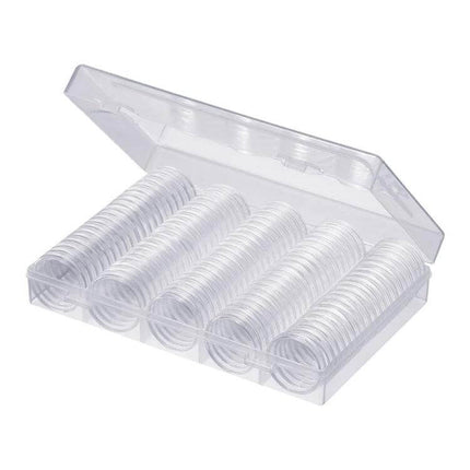 Coin Capsule Storage Box Set, 100 30mm Round Capsules, Transparent - clear plastic case holding 100 30mm coin capsules for display and protection