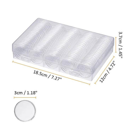 Coin Capsule Storage Box Set, 100 30mm Round Capsules, Transparent – clear plastic organizer box holds 100 round 30mm coin capsules for display and protection