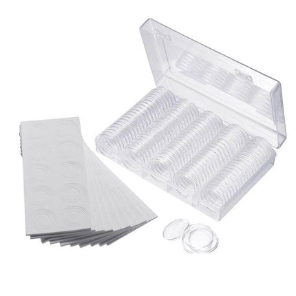 Coin Capsule Storage Box Set, 100 30mm Round Capsules, Transparent - clear storage box with 100 30mm coin capsules and label cards for display and protection
