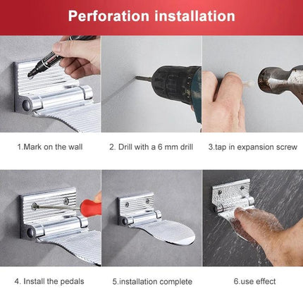 Wall-Mounted Foot Rest for Shower and Daily Bathroom Use - perforation installation steps showing marking, drilling, expansion screw, mounting and use