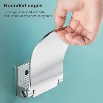 Wall-Mounted Foot Rest for Shower and Daily Bathroom Use - foldable wall-mounted stainless foot rest with rounded edges shown being lifted by hand