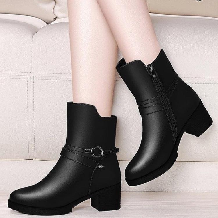 Chic Round Toe Velvet Boots with Sturdy Side Zipper and Thick Heels