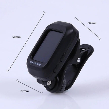 Little Angel Tuner for Everyday Guitar Practice and Travel compact clip-on LED tuner showing dimensions 50x37x27mm for travel and practice
