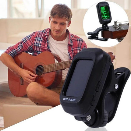 Little Angel Tuner for Everyday Guitar Practice and Travel compact clip-on LED tuner shown with guitarist and guitar