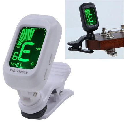 Little Angel Tuner for Everyday Guitar Practice and Travel clipped-on LED tuner showing E note on a guitar headstock