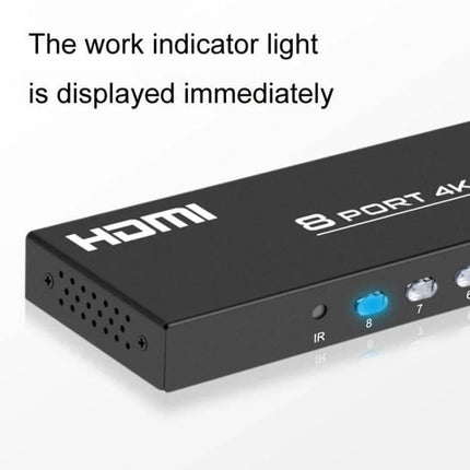 FJGEAR HDMI Switcher for Connecting Multiple Devices to TV showing 8‑port unit with LED indicator light for quick source switching