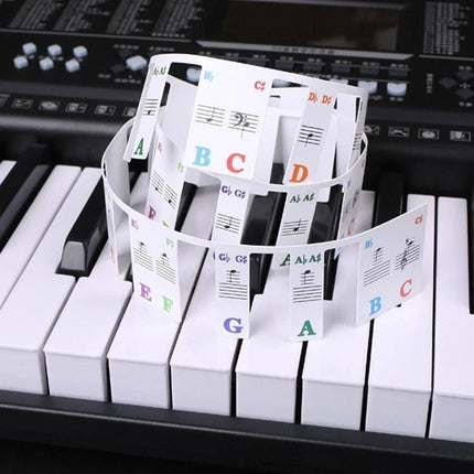 Color-Coded Stickers for Kids' Everyday Piano Learning at Home - colorful labeled piano key stickers on a keyboard to teach children notes