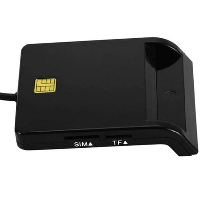 Multi-Function Card Reader for SD, TF, and SIM Cards compact black USB reader showing SIM and TF slots