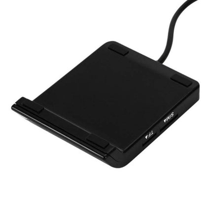 Multi-Function Card Reader for SD, TF, and SIM Cards compact USB card reader showing SD TF SIM slots for photo and data transfer
