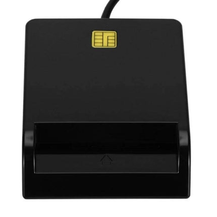 Multi-Function Card Reader for SD, TF, and SIM Cards black USB desktop reader with SIM chip icon, slot for SD/TF cards, compact design