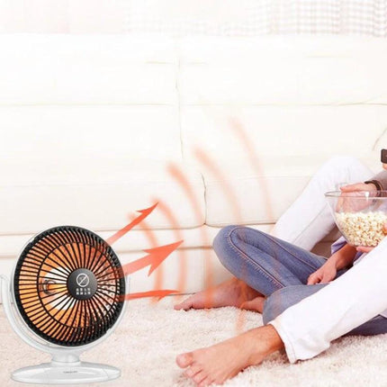 Small Sun Compact Desk Heater for Office and Home Use - quartz tube desk heater blowing warm air toward person on carpeted living room couch