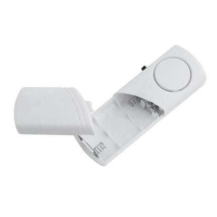 Wireless Door and Window Burglar Alarm for Home Safety white wireless sensor with open battery compartment and alarm button