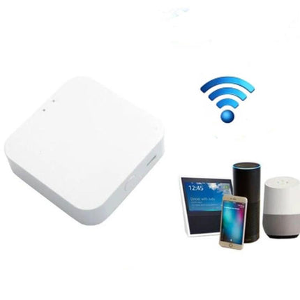 Smart Home Controller for Remote Device Management white hub with WiFi icon and smart devices (phone, smart speaker, tablet)