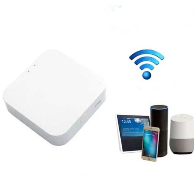 Smart Home Controller for Remote Device Management white hub with WiFi icon and smart devices (phone, smart speaker, tablet)