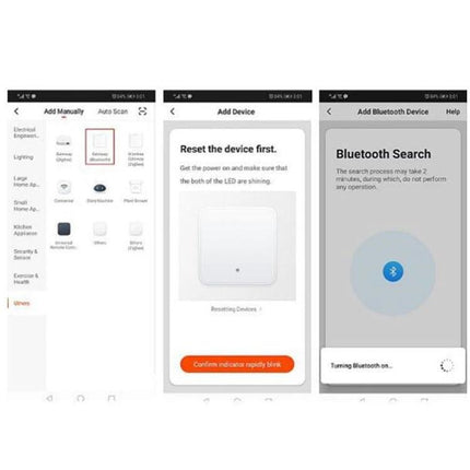 Smart Home Controller for Remote Device Management app setup screens showing device add, reset and Bluetooth search