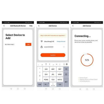 Smart Home Controller for Remote Device Management app screenshots showing device selection, WiFi setup, and 92% connecting progress