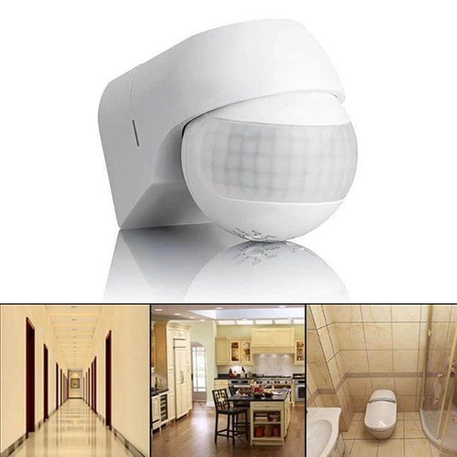 Waterproof Outdoor Infrared Motion Sensor Switch for Lights mounted on porch wall with sample hallway, kitchen, and bathroom installations