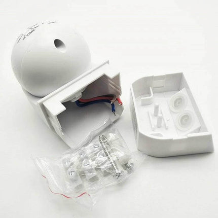 Waterproof Outdoor Infrared Motion Sensor Switch for Lights white plastic housing and mounting kit shown disassembled
