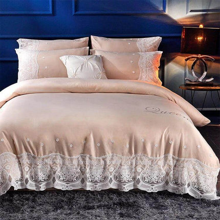 Silk Four Piece Sheet Set Ice Silk Bedding 1.5 to 2.0m beige lace-trimmed bed set on navy bedroom