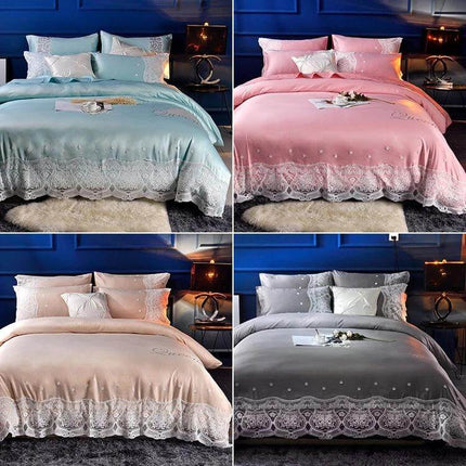 Silk Four Piece Sheet Set Ice Silk Bedding 1.5 to 2.0m in pastel blue pink beige and gray with lace trim on styled beds