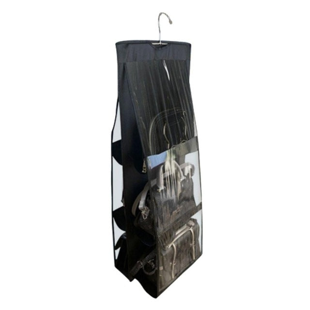 6 Pockets 3 Layers Foldable Hanging Bag Purse Organizer Black Gray 